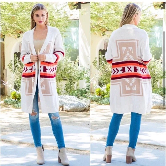 LAST ONE: Women’s Aztec print fall colors knee length cardigan sweater - Picture 2 of 4
